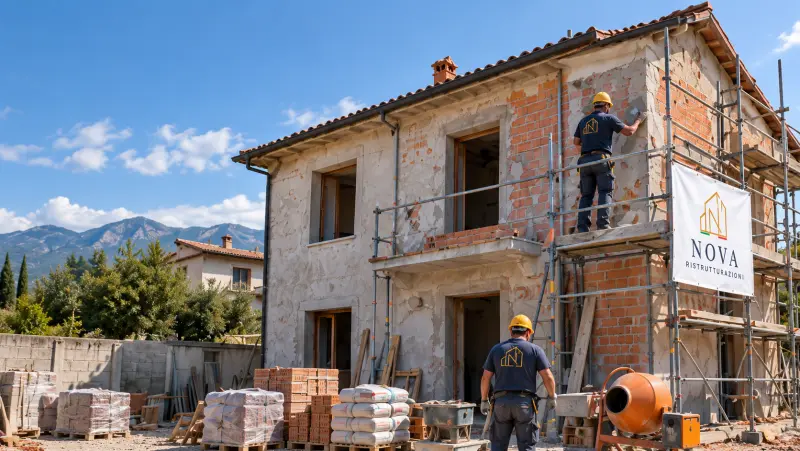 Casa in ristrutturazione con ponteggio e personale Nova al lavoro: immagine illustrativa generata con IA